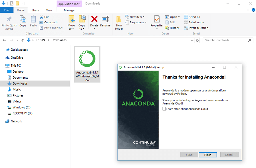 Click finish to close the Anaconda installer