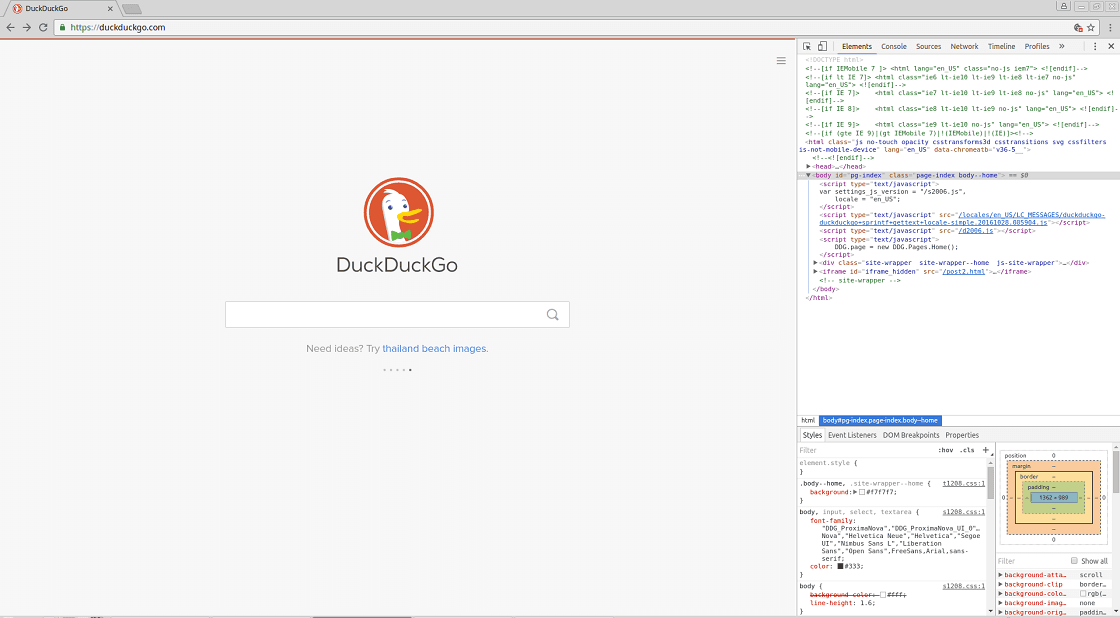 DuckDuckGo's homepage with dev tools open