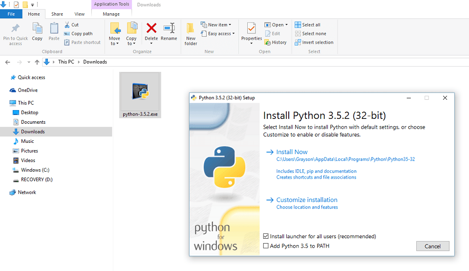 Python installation starting screen