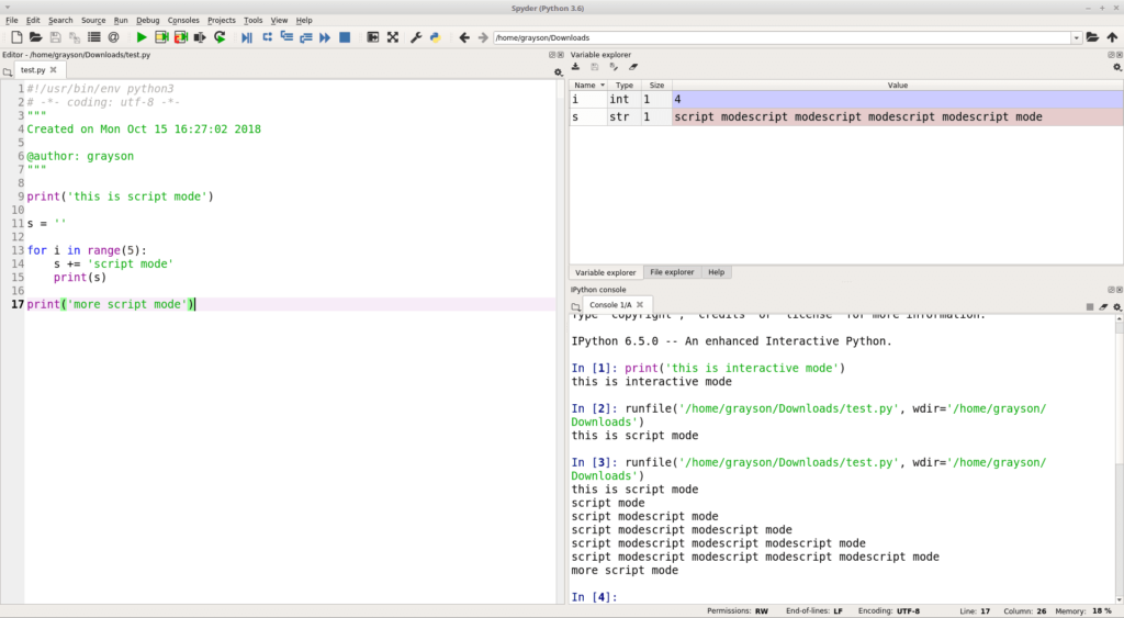 Running a short exampe script in the Spyder IDE